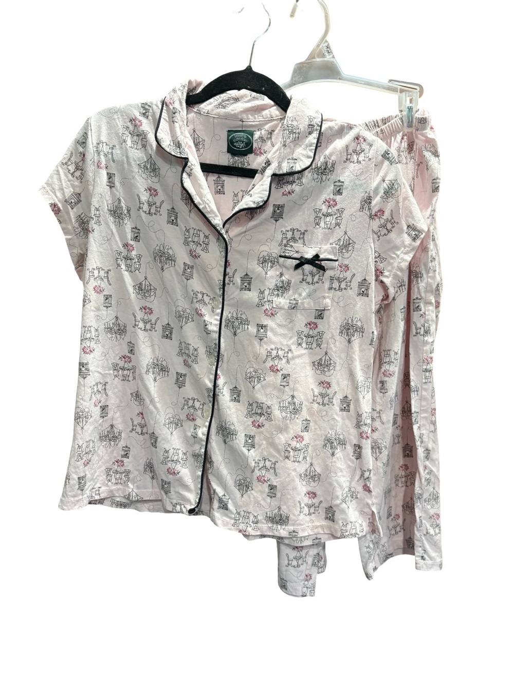 Laura Ashley Pink Printed Short-Sleeve Button Pajama Set with Black Trim